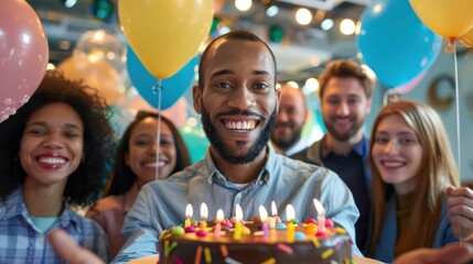 Wall Mural - A group of coworkers celebrating a colleague's birthday or achievement. 