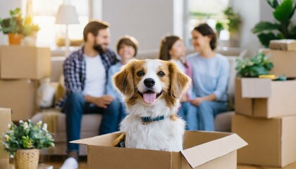 family with kids and pets moving to new home. cute dog sitting in cardboard box. moving to new home