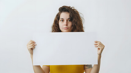 Aufkleber - emotional young woman showing empty signboard with copy space isolated on white : Generative AI