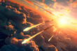 Fired missiles fly in the sky. Rockets attack concept