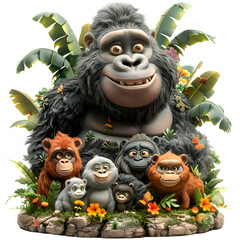 Wall Mural - A 3D animated cartoon render of a protective gorilla shielding a group of animals from a storm.