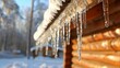 A house with icicles hanging from the roof. The house is surrounded by trees, and the sky is clear and bright. The scene has a peaceful