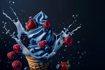 Waffle cone of sweet ice cream with berries and splashes of milk and syrup on a dark background