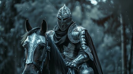 Wall Mural - medieval knight on horse in metal armor with sword and helmet