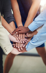 Canvas Print - Business people, hands and stack in huddle for teamwork, unity and support or motivation in office. Staff, community and solidarity at team building, agree and success for company deal or celebrate