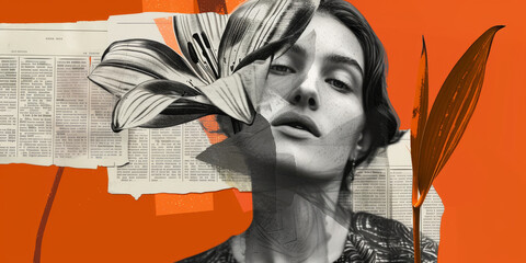 Abstract Monochrome Portrait with Orange Accents and Newspaper Clippings