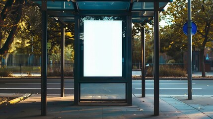 glass bus shelter at busstop blank white lightbox sign aluminum structure urban setting city street background asphalt road empty poster ad commercial space with urban background for m : Generative AI