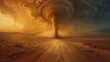 A tornado is blowing through a desert. The sky is orange and the ground is covered in dirt