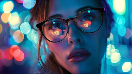 Wall Mural - Young adult woman with glasses embracing vivid neon lights