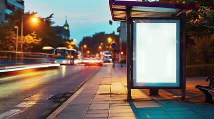 Aufkleber - Vertical advertising poster mockup at empty bus stop shelter by main road Outofhome OOH 6 sheet billboard media display space in city : Generative AI