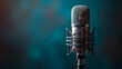 Vocal microphone with soundwaves on wide banner for podcasting and audio recording .