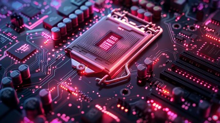 Wall Mural - A computer chip is lit up in a red glow. The chip is a processor and is surrounded by other electronic components. Concept of technology and innovation