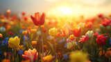 Fototapeta Tulipany - Campo de flores en primavera
