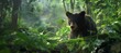 An intimate portrayal of a bear quietly observing its surroundings amidst the misty green foliage of the forest's morning light