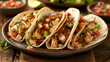 Delicious Grilled Chicken Tacos with Fresh Vegetables on Wooden Board