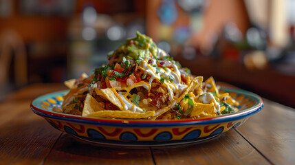 Wall Mural - Delicious Loaded Nachos with Guacamole, Salsa, and Melted Cheese