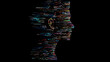 © john - a human silhouette made of different algorithms, words; solid black background