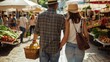 A man and woman are seen walking hand in hand towards the market backs facing the camera. The woman carries a basket on . .