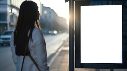 Poster - Woman standing near blank advertising lightbox on the bus stop mock up : Generative AI