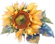 A vibrant depiction of a sunflower in midsummer, bright yellows and dark browns, vivid watercolor, white background, 