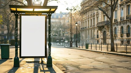 Poster - Blank bus stop billboard Mockup in empty street in Paris Parisian style hoarding advertisement close to a park in beautiful city : Generative AI