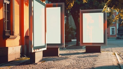 Two empty mockups of street advertising billboards on the pavement two blank ad placeholders outdoors template of outdoor advert posters on the paving stone in front of an orange house : Generative AI