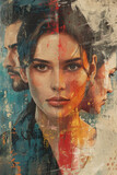 Fototapeta Uliczki - A woman in a love triangle, on her face there is a mixture of longing and tenderness. The main character is in the center, divided between a man and a woman. Cover of a book about love, romance novel.