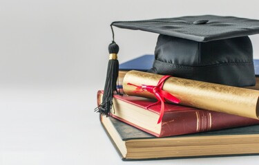 Wall Mural - graduation cap and diploma on top of books, white background with space for text or design, closeup view Generative AI