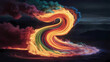 Explosión de color: llamarada en rojo, naranja y amarillo, humo y energía en una ilustración enigmática. Misterio entre olas de luz, estelas y tornados