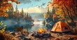 Camping tent, camping chair and fire in the forest near lake on autumn day copy space. AI generated illustration