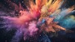 A vivid explosion of multicolored dust powder, each particle suspended in an intricate splatter, captured in high-definition