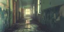 An Eerie, Abandoned Hall Providing A Sense Of Mystery With Its Dark, Greenish Walls And Worn Out Floor, Invoking A Spooky Ambiance
