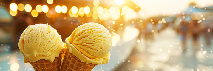 Wall Mural - Two vanilla ice cream cones against blurred background with bokeh light banner. Panoramic web header. Wide screen wallpaper