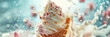 Ice cream cone with exploding milk splash background banner. Panoramic web header. Wide screen wallpaper