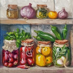 Wall Mural - Kitchen shelf with jars, rustic, farmhouse art, AI generated