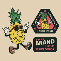 Wall Mural - pineapple mascot character, vintage badges design with editable text, mascot cartoon design