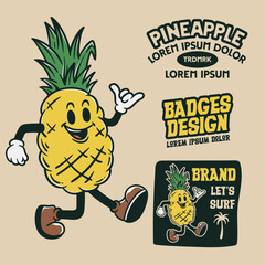 Wall Mural - pineapple mascot character, vintage badges design with editable text, mascot cartoon design