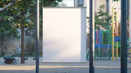 Wall Mural - large blank white poster with mockup space hanging on metal fence of play ground outside : Generative AI