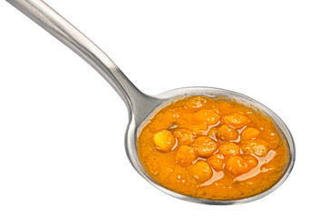 Wall Mural - Lentil cream soup in spoon isolated on white background