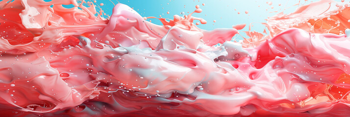 Wall Mural - Vivid dynamic splash of red and white liquid in motion against blue background banner. Panoramic web header. Wide screen wallpaper