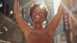 Low angle of happy African American female in brown summer dress smiling at camera while standing with arms raised on street against blank billboard in sunlight : Generative AI