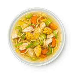 Wall Mural - Chicken noodle soup isolated on white background, top view