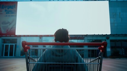 Young person driving the empty shopping cart to a supermarket in front of blank billboard : Generative AI