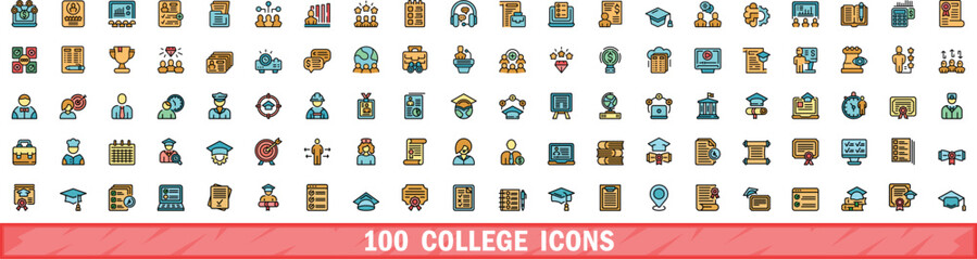 Wall Mural - 100 college icons set. color line set of college vector icons thin line color flat on white