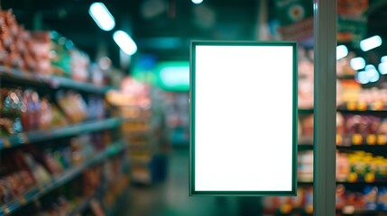 Wall Mural - Blank poster frame template in supermarket Blurred background and green filter of supermarket or grocery for price : Generative AI