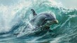 A bottlenose dolphin is surfing a wind wave in the liquid ocean