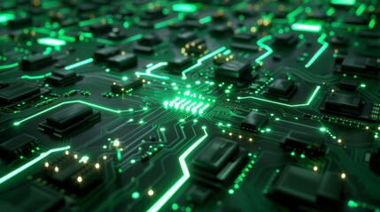 Wall Mural - A circuit board with highlighted pathways glowing green, representing the secure flow of information within a technological system. 