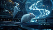 A visually stunning sciencefiction poster showcasing a white experimental Rat as the focal point on a stage, while a scientist in the background carefully scissors a DNA spiral