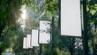 © Generative AI - Hanging posters by the road in the city blank vertical advertising banners on street lampposts against lush green trees and plants For OOH out of home template mock up : Generative AI