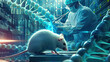 A visually stunning sciencefiction poster showcasing a white experimental mouse as the focal point on a stage, while a scientist in the background carefully scissors a DNA spiral